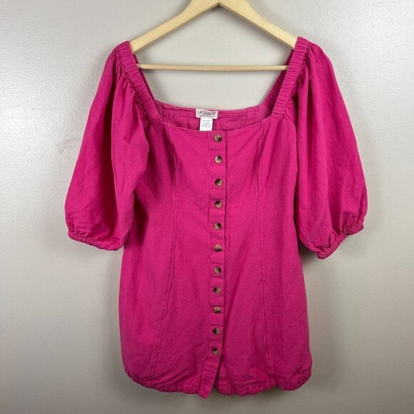 L Space Marina Button Front Dress Size Medium Pink Linen Blend Square Neck - Picture 2 of 12